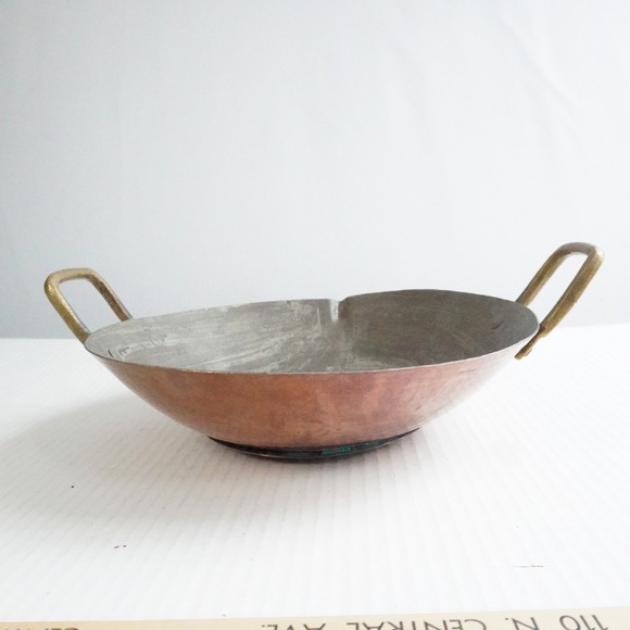Vintage Copper Wok Cazo with Brass Handles Heavy Duty Cooking Wok Pot Cottage